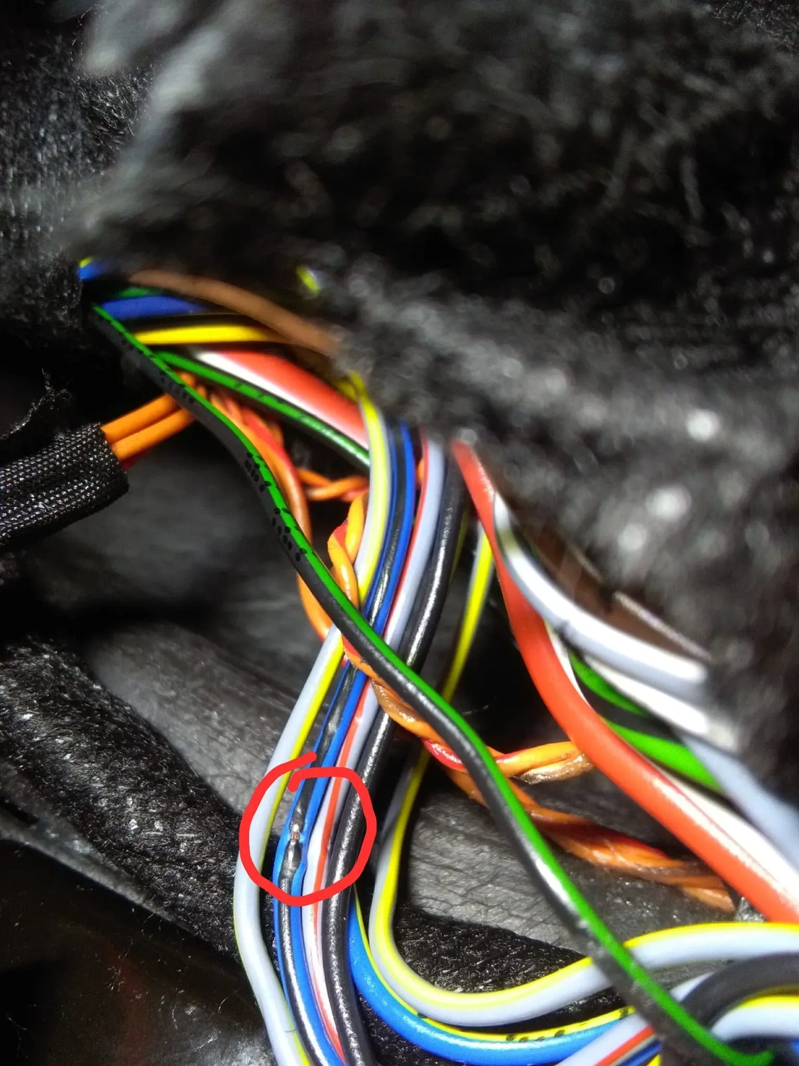 KFZ-24 HAGEN - PKW|LKW | Baumaschinen - ein Autoradio-Kabelbaum mit beschädigter Kabelisolierung, markiert durch den roten Kreis